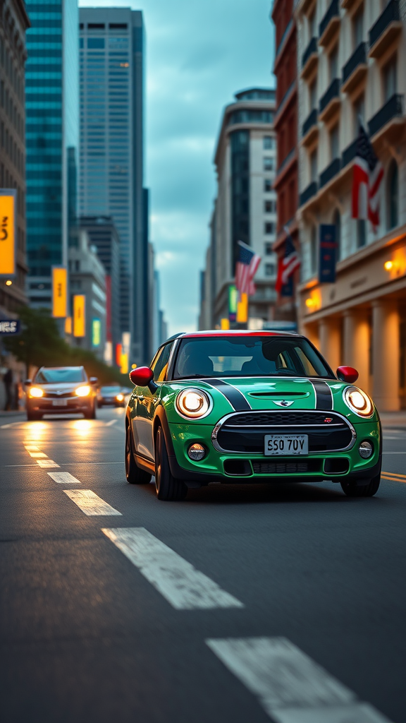 A green Mini Cooper S driving on a city street with tall buildings in the background.