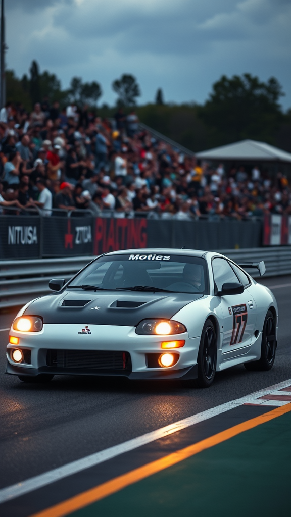 A black Mitsubishi Eclipse parked on a racetrack during sunset, showcasing its sporty design.