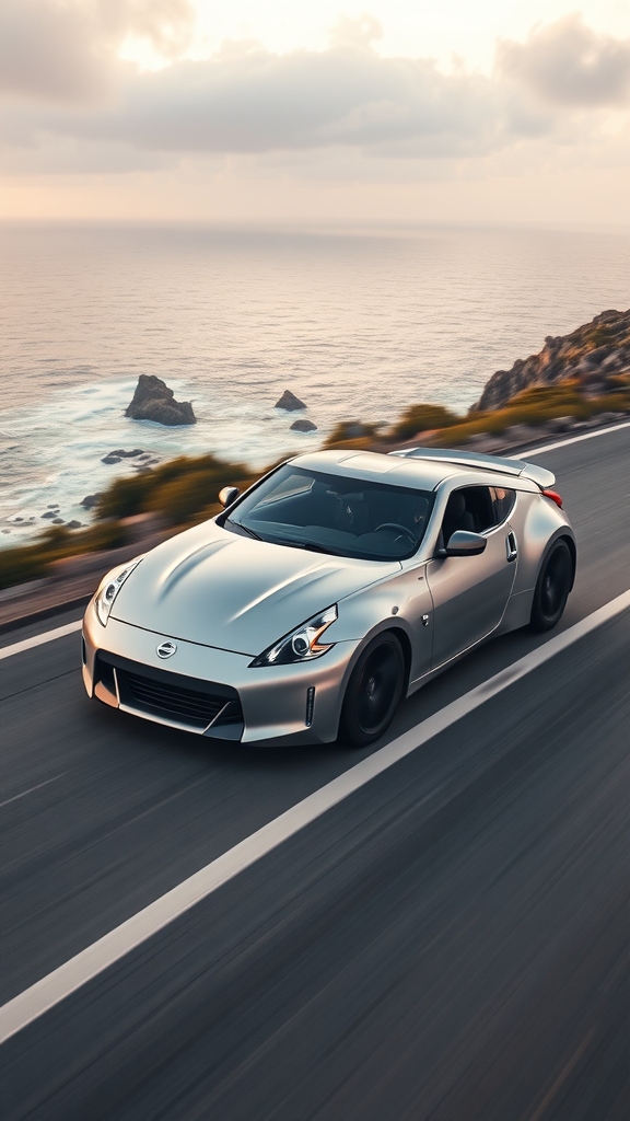 Silver Nissan 370Z driving along a coastal road with ocean views