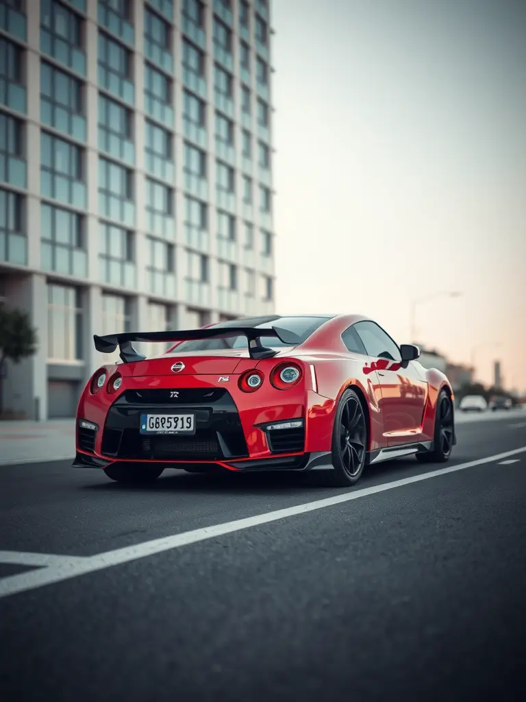 A red Nissan GT-R parked on a city street, showcasing its sporty design and aggressive styling.