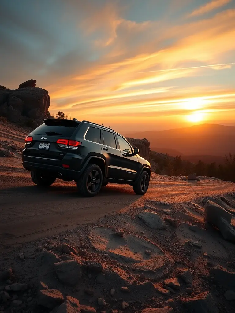 Jeep Grand Cherokee parked on a rocky path during sunset