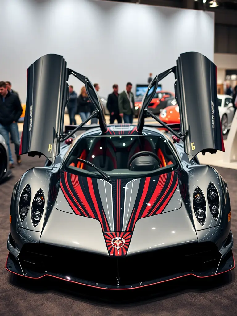 A Pagani Zonda with open gullwing doors, showcasing its intricate design and bold color scheme, surrounded by admirers at a car event.