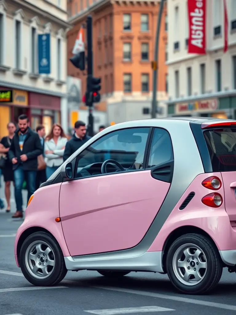 A pink Smart car parked on a busy city street with people walking in the background.