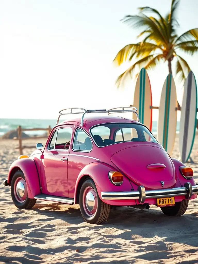 A playful pink Volkswagen Beetle parked on the beach with colorful surfboards in the background.