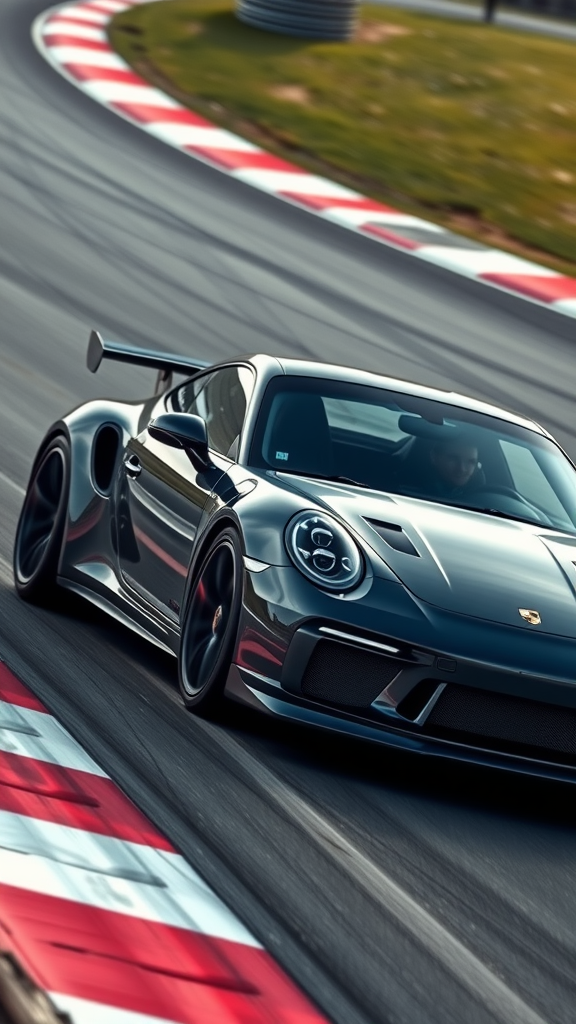 A Porsche 911 racing on a track, showcasing its sleek design and speed.
