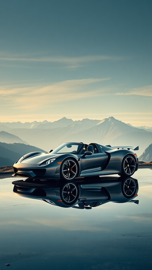 Porsche 918 Spyder parked on a reflective surface with mountains in the background