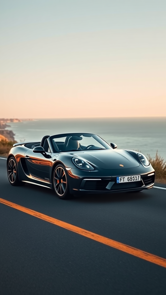 A sleek black Porsche Boxster convertible parked on a coastal road with an ocean view.
