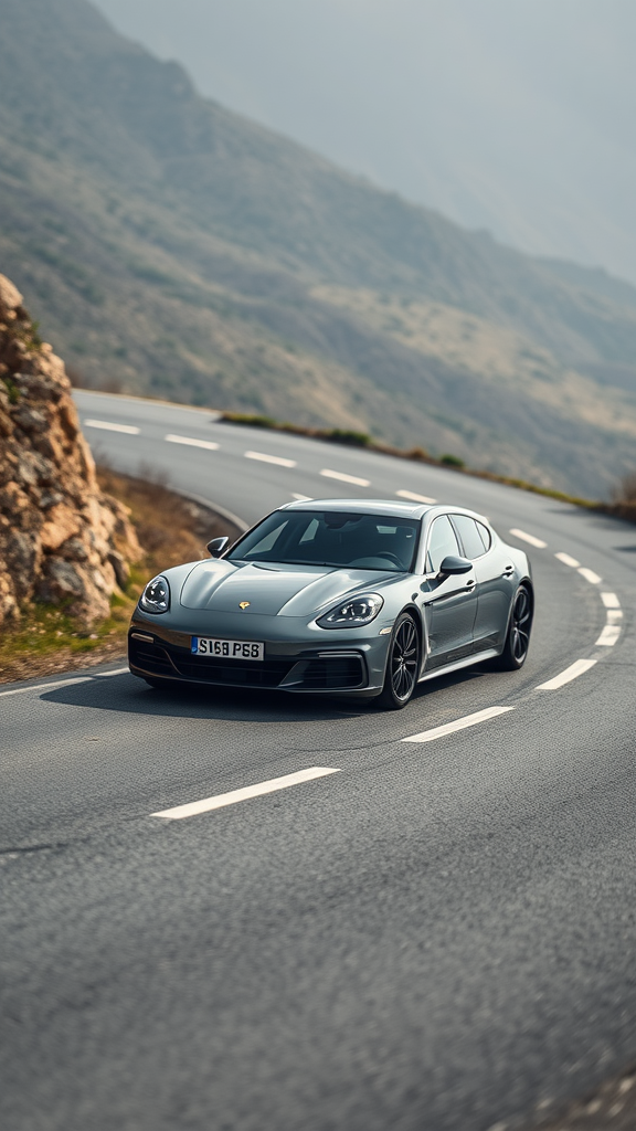 A sleek Porsche Panamera driving on a winding road