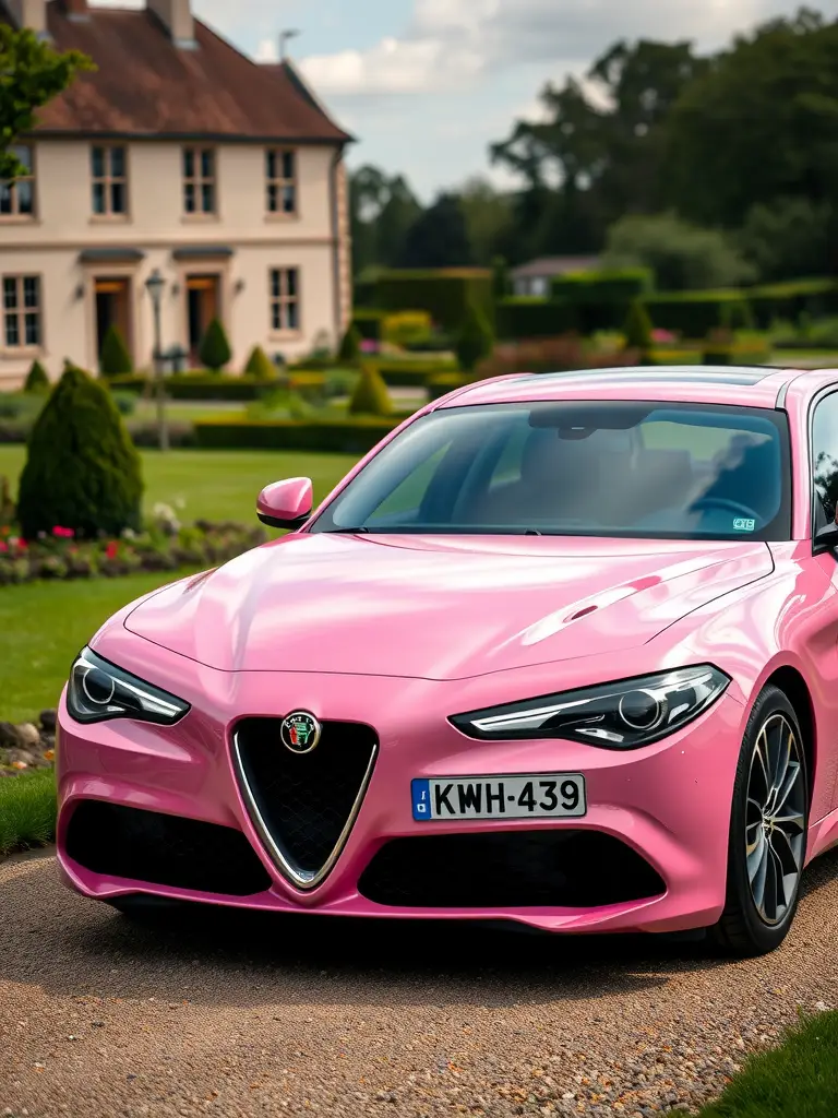 A pink Alfa Romeo Giulia parked in front of an elegant house and garden.
