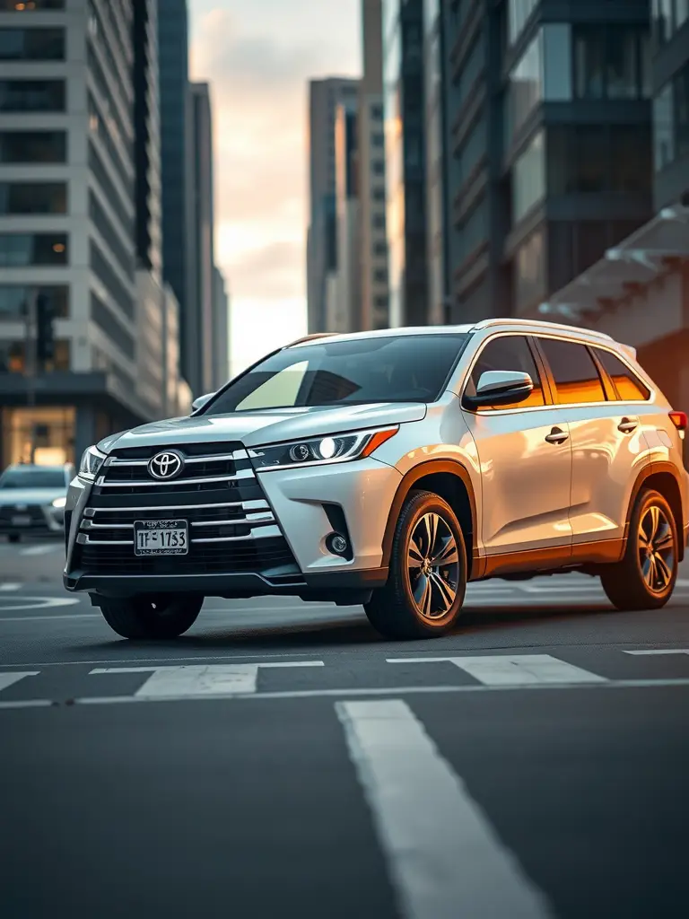 Toyota Highlander parked in an urban environment showcasing its hybrid technology and modern design.