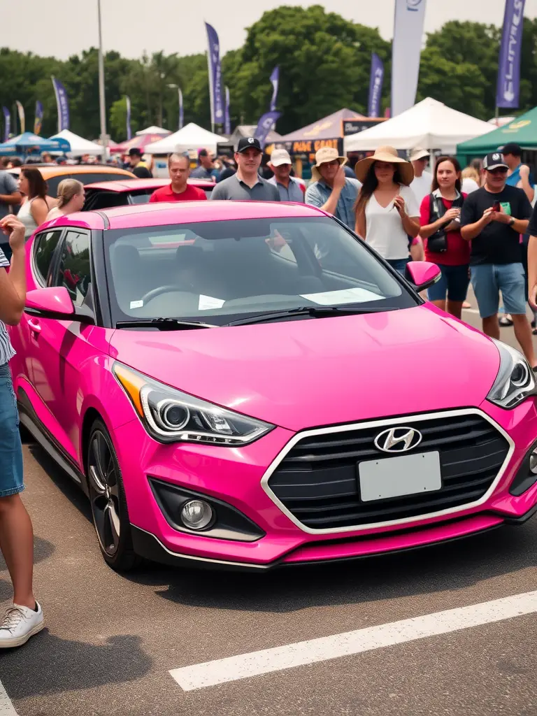 A close-up of a Radiant Pink Hyundai Veloster showcasing its sporty design and vibrant color.