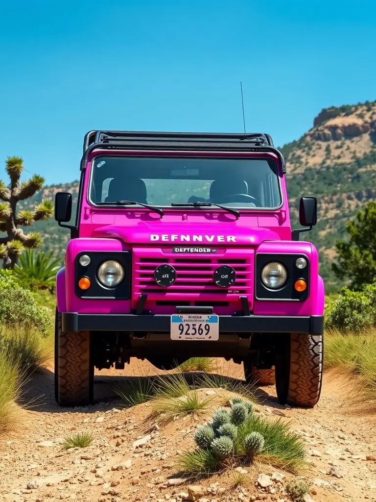 A vibrant pink Land Rover Defender parked on a dirt road with a sunset background.