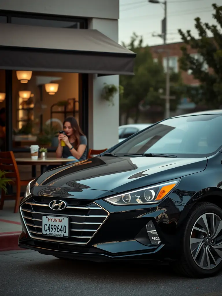 A black Hyundai Elantra parked outside a café with a woman sitting at a table.