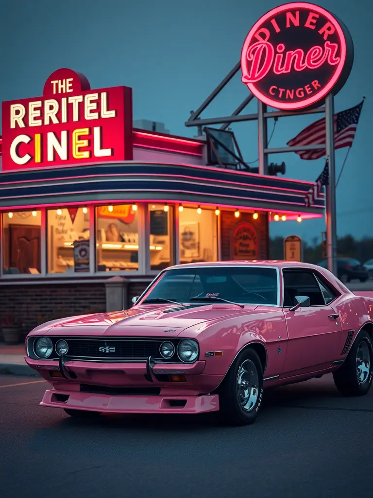 A pink Chevrolet Camaro parked in front of a vintage diner with neon lights.