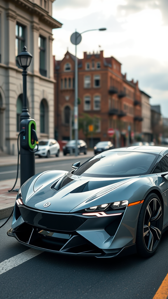 A sleek Rimac Nevera electric hypercar parked on a city street, showcasing its modern design.