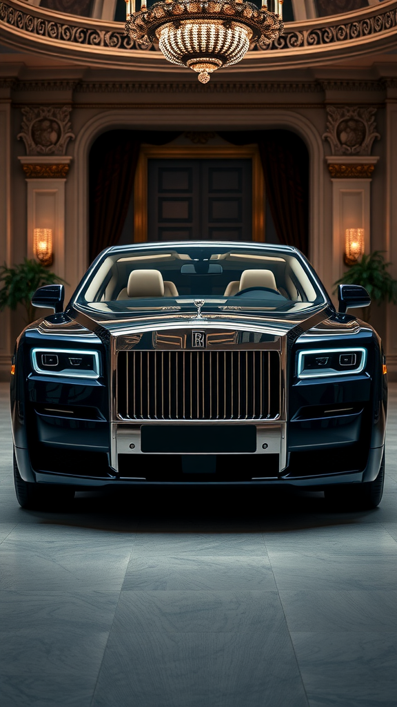 Front view of a Rolls-Royce Phantom in a luxurious setting