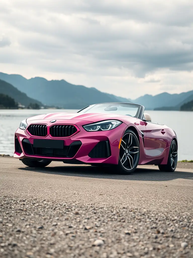 A sleek pink BMW Z4 convertible parked near a scenic waterfront with mountains in the background.