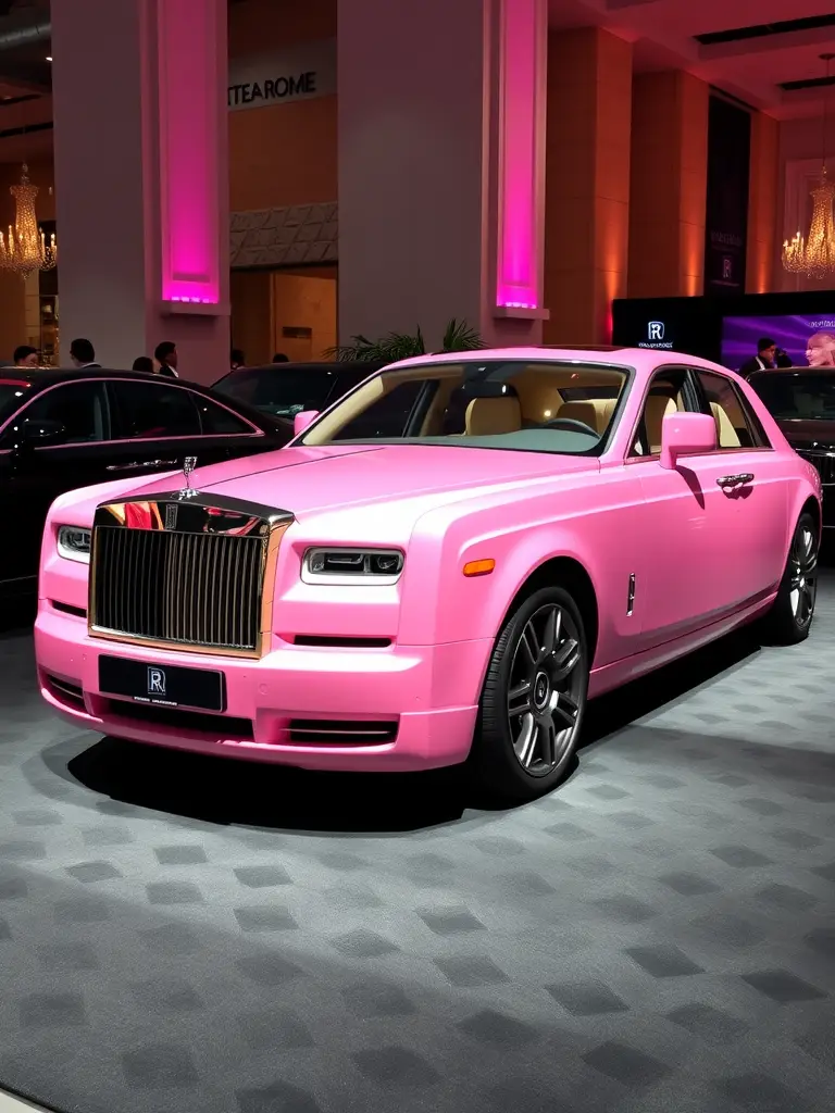 Close-up view of a pink Rolls-Royce Phantom with roses in the background and a chandelier above.