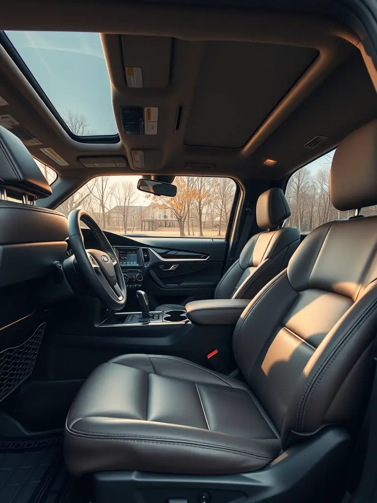 Interior view of a Ford Explorer showing spacious front seats and a panoramic sunroof.