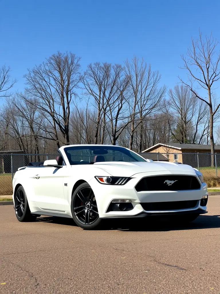 A person with flowing hair enjoying a drive in a Ford Mustang convertible on an open road.