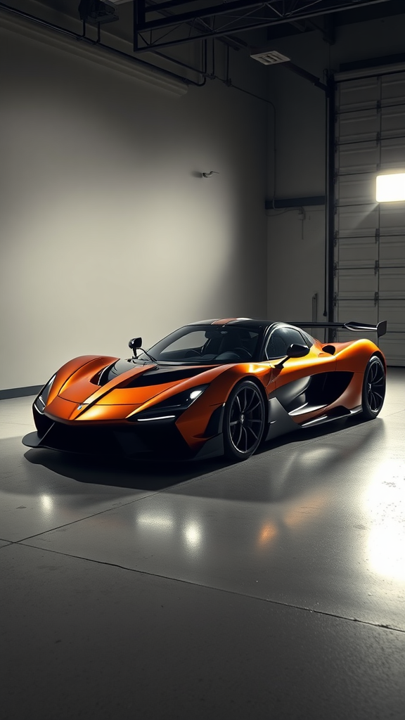 A striking SSC Tuatara hypercar in a well-lit garage.
