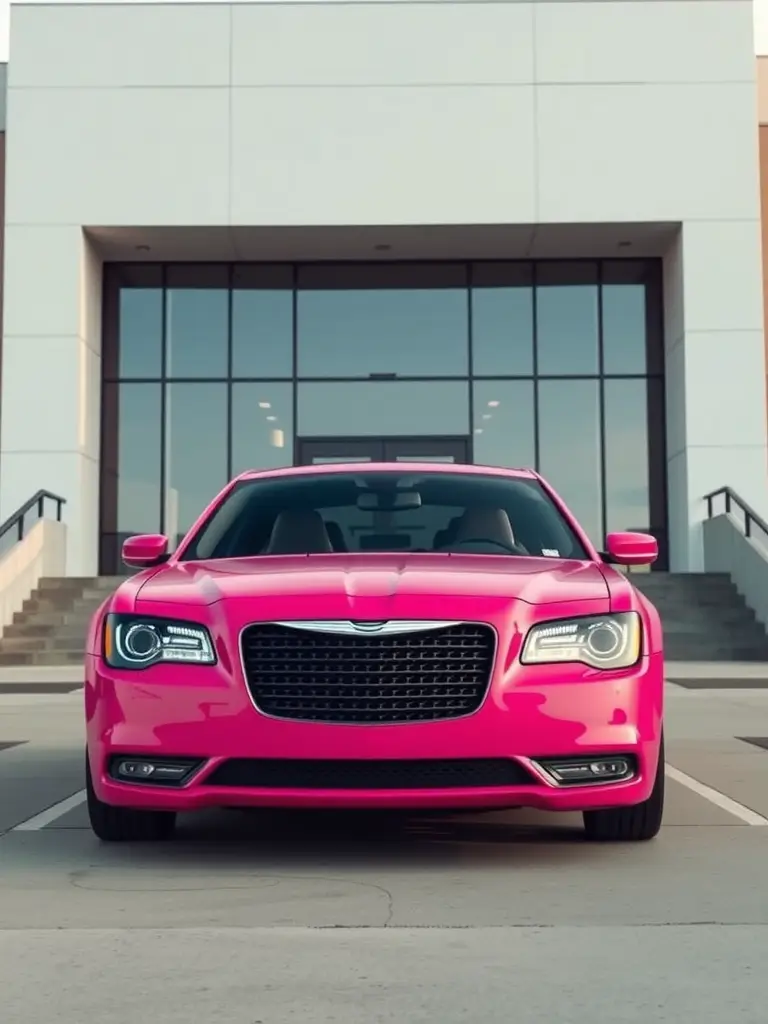 A vibrant pink Chrysler 300 parked in front of a modern building, showcasing its bold design.