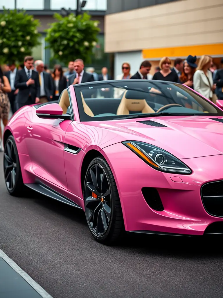 Stylish pink Jaguar F-Type at a crowded event.