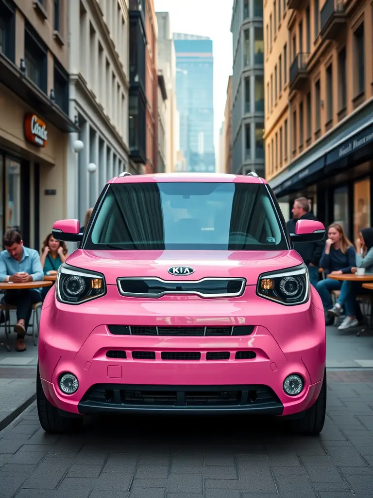 Front view of a pink Kia Soul parked on a city street with people in the background.