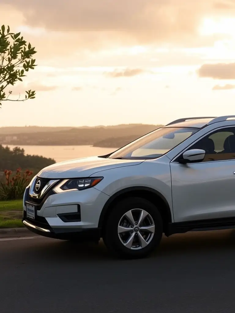 A woman sitting in the driver's seat of a Nissan Rogue, looking at a scenic view of mountains and water.