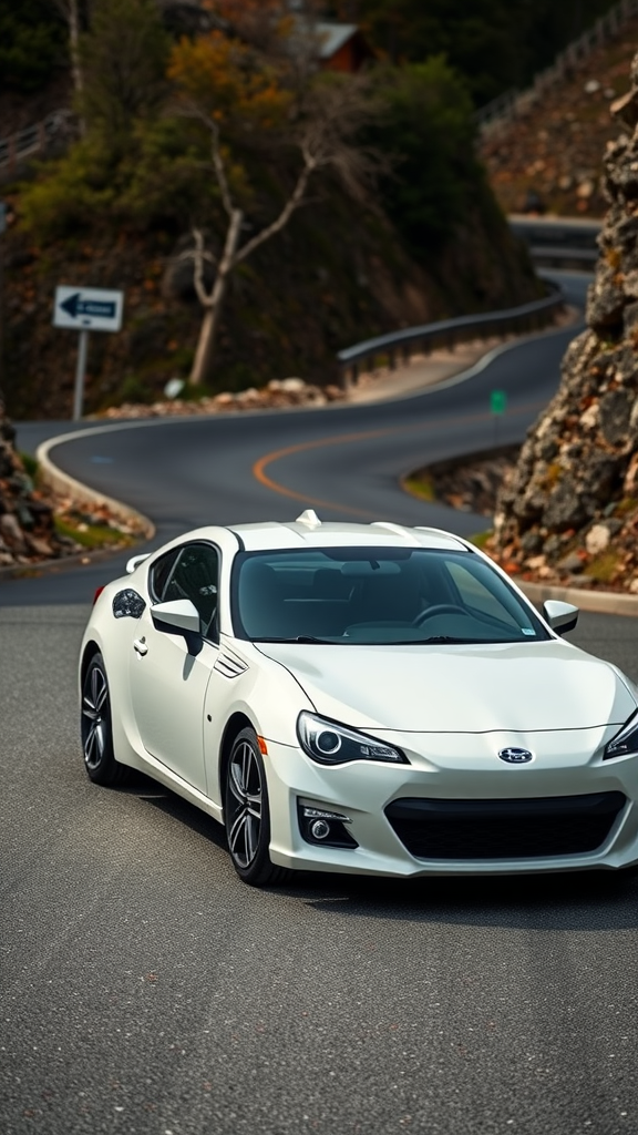 A white Subaru BRZ parked on a winding road, showcasing its sporty design.
