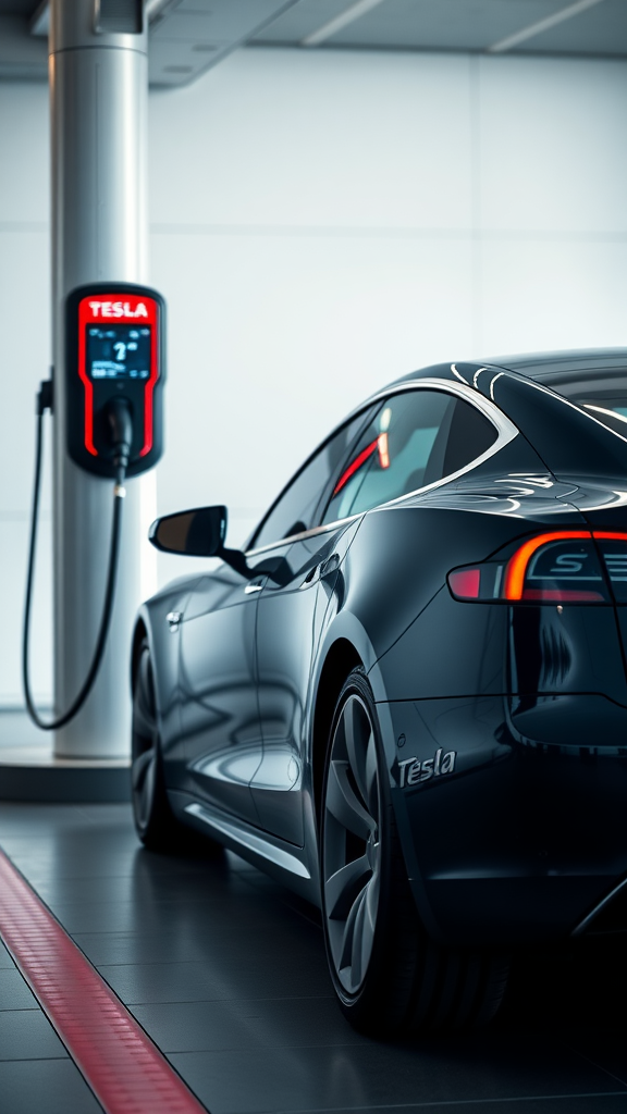 A Tesla Model S charging at a station.
