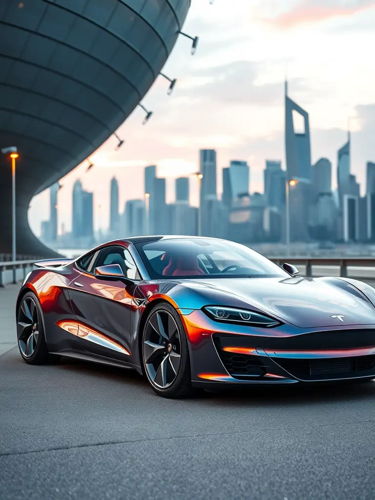 A Tesla Roadster with an iridescent bronze and blue finish parked against a city skyline at sunset.