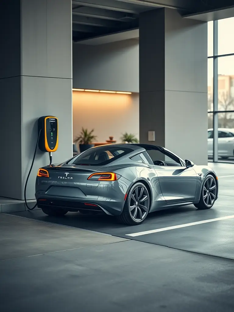A Tesla Roadster parked at a charging station in a modern setting.