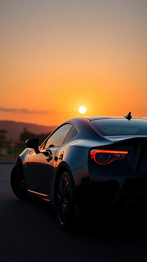 A black Toyota 86 parked as the sun sets in the background, highlighting its sporty design.