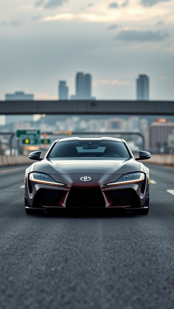 A striking Toyota Supra parked on a highway with a city skyline in the background.