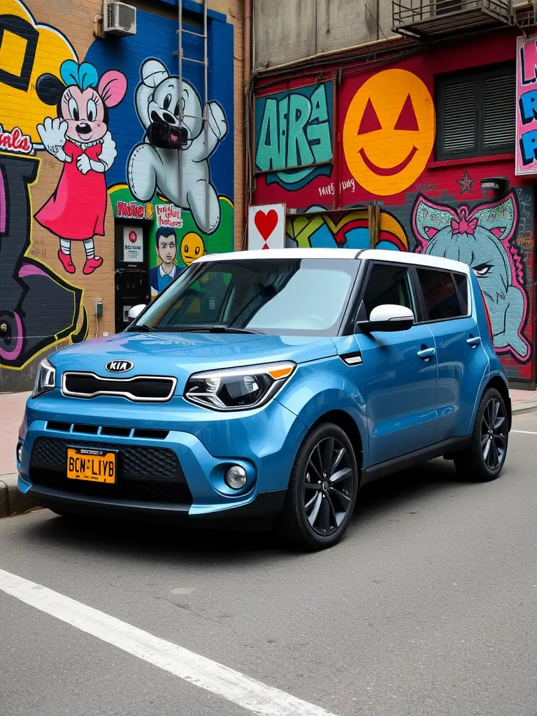 A Kia Soul parked in front of a colorful mural with a person posing beside it.