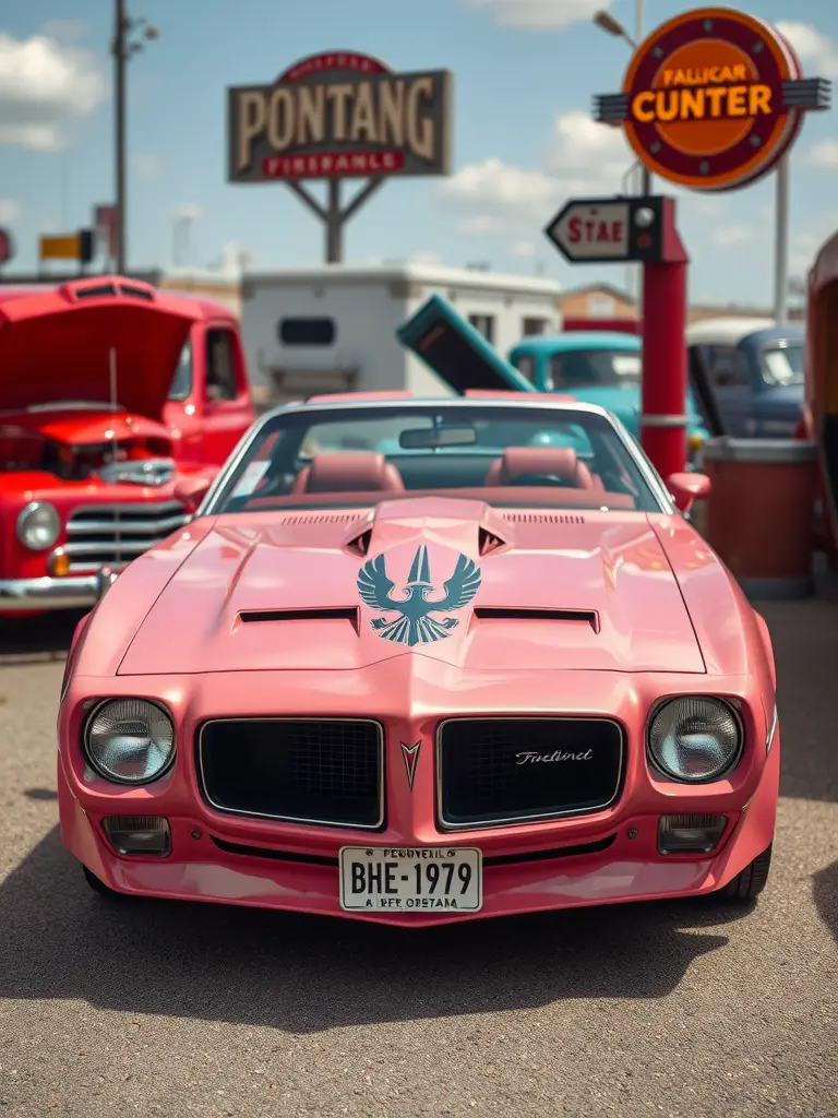 A pink Pontiac Firebird parked in front of vintage signs and classic cars.