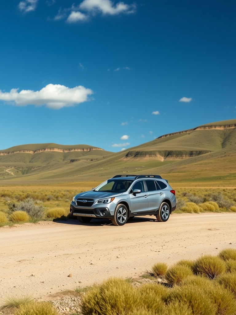 A woman stands next to a Subaru Outback with the trunk open, surrounded by mountains.