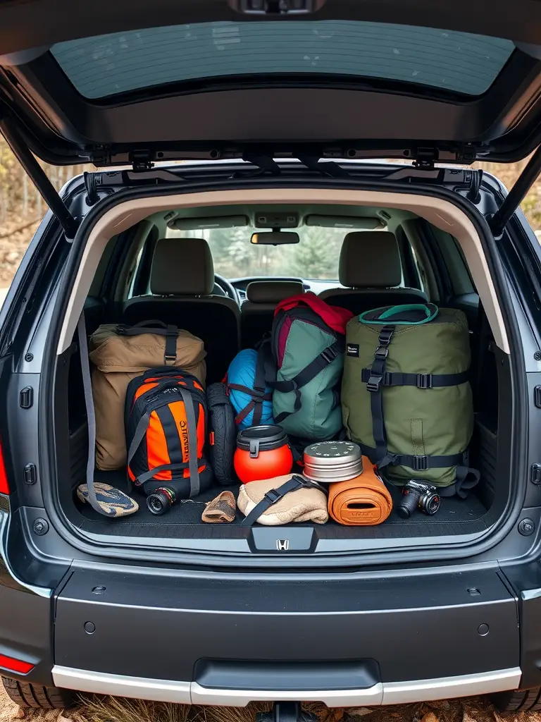 Cargo space of a Honda Pilot filled with various bags and outdoor gear.