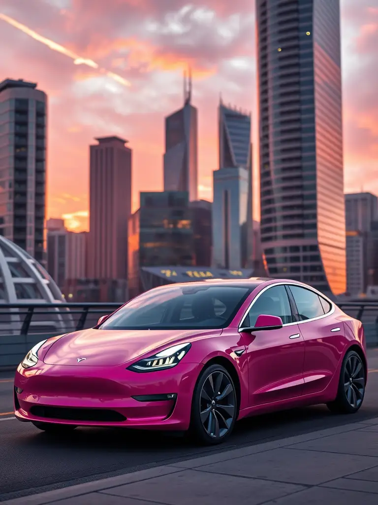 A vibrant pink Tesla Model 3 parked on a city street with skyscrapers in the background during sunset.