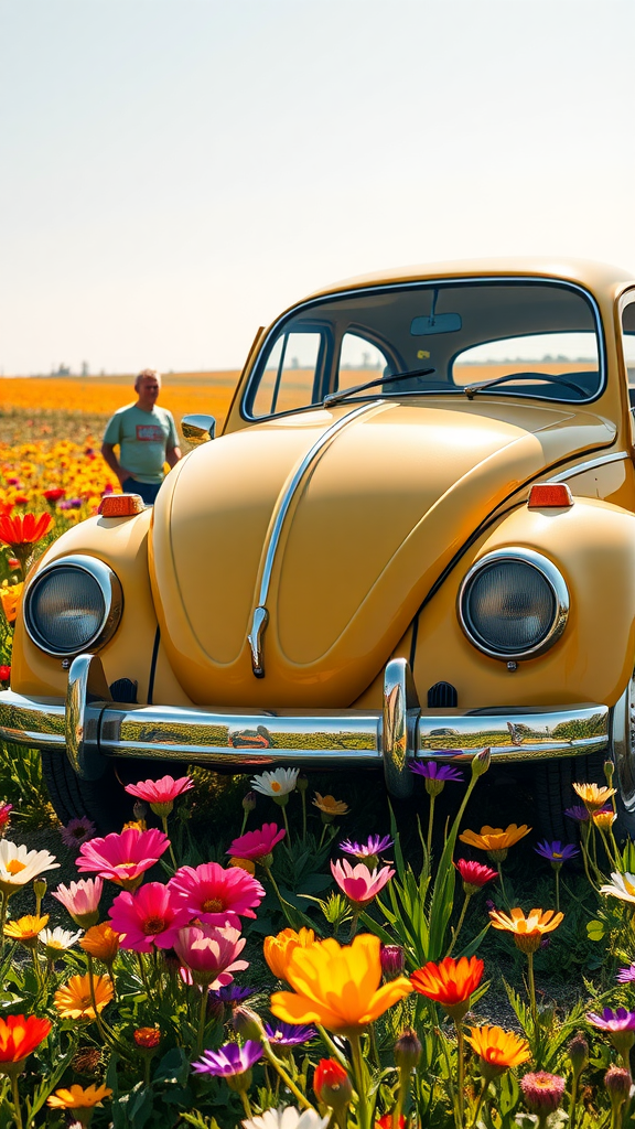 A yellow Volkswagen Beetle surrounded by colorful flowers in a field.