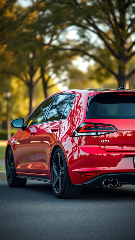 A red Volkswagen Golf GTI parked in an outdoor setting with trees in the background.