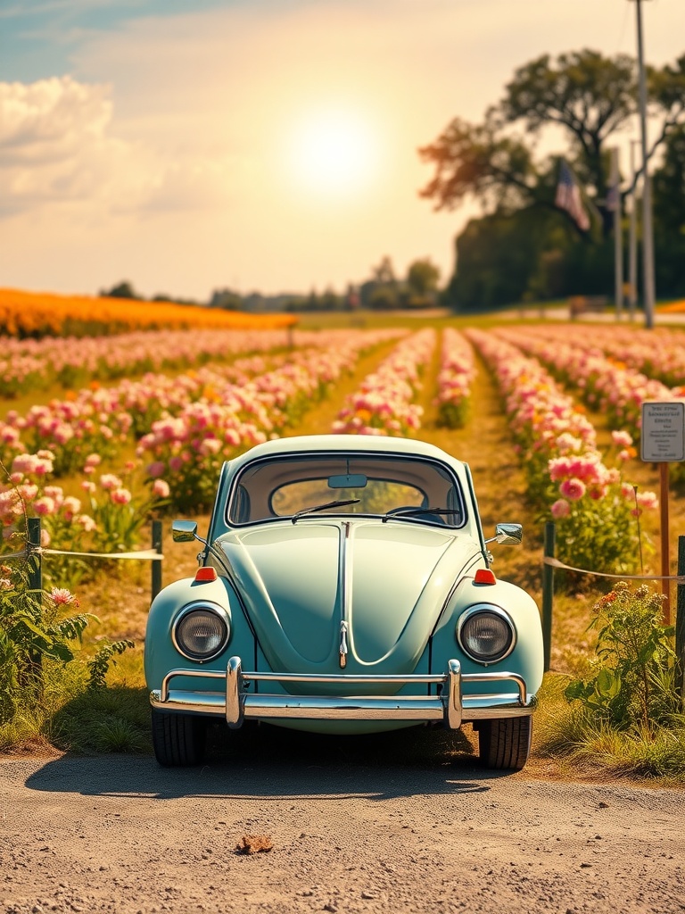 A vintage 1955 Volkswagen Beetle parked in a flower field at sunset.