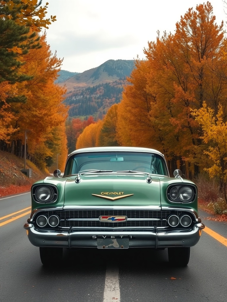 1957 Chevrolet Bel Air parked on a scenic autumn road