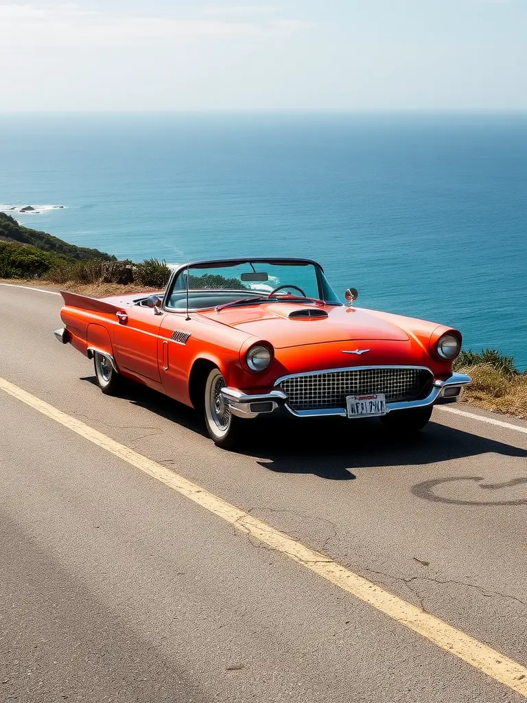 A red 1957 Ford Thunderbird parked on a scenic coastal road with ocean views.