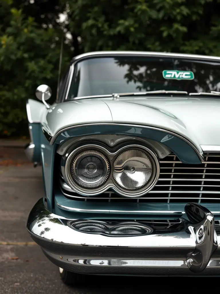 A vintage 1958 Plymouth Fury parked with colorful flags in the background.