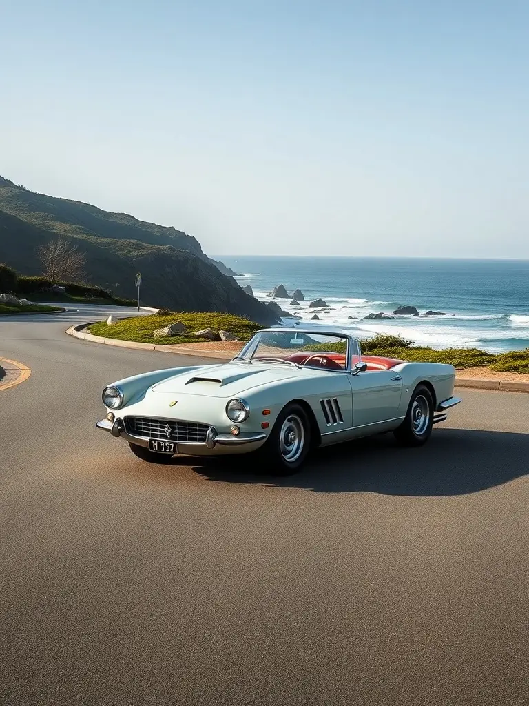A 1961 Ferrari 250 GT California parked on a coastal road with ocean views.