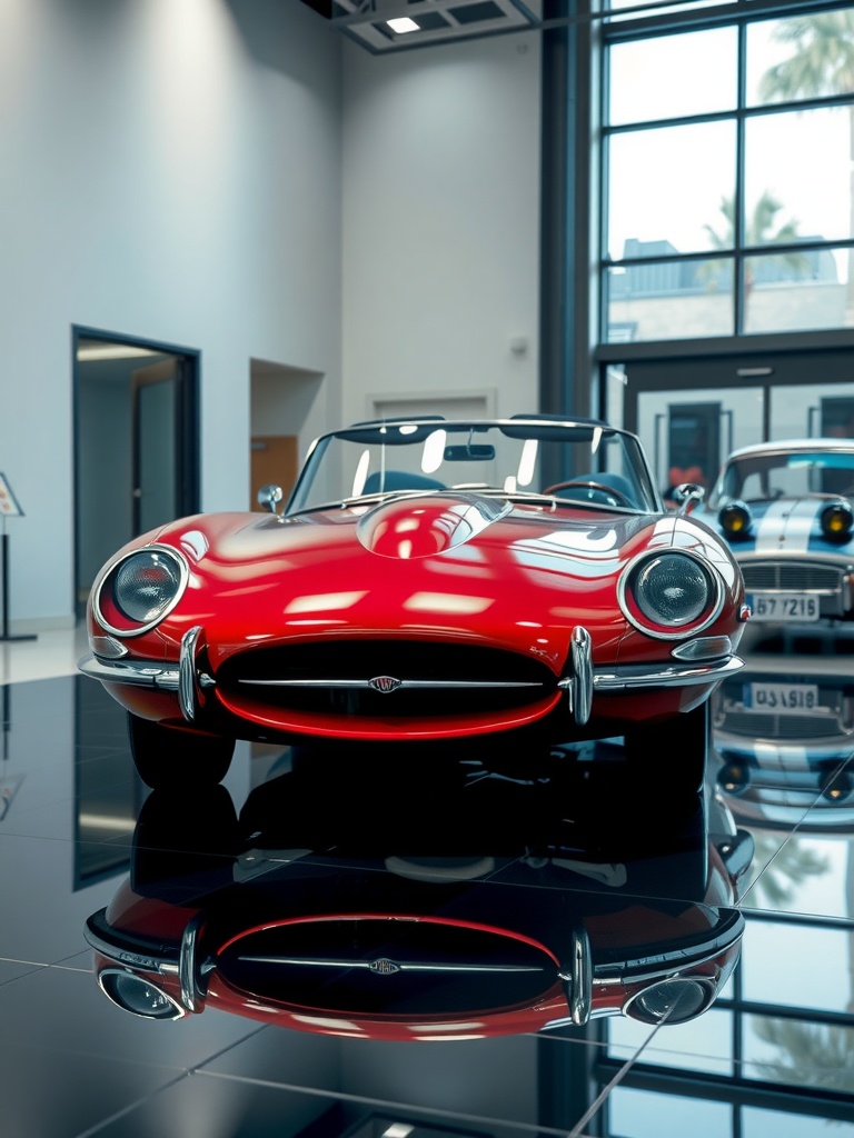 1962 Jaguar E-Type in a showroom setting