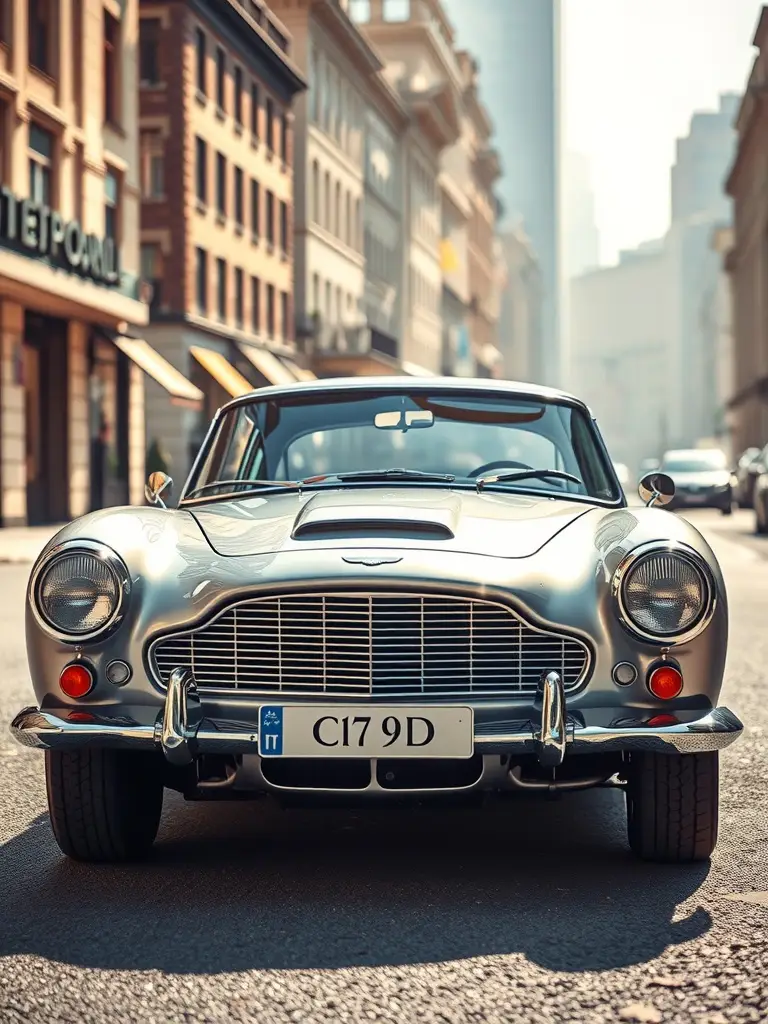 A front view of a 1963 Aston Martin DB5 parked on a city street.