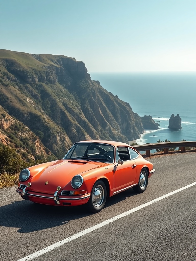 A vintage 1963 Porsche 911 in bright orange parked on a scenic road with cliffs and ocean in the background.